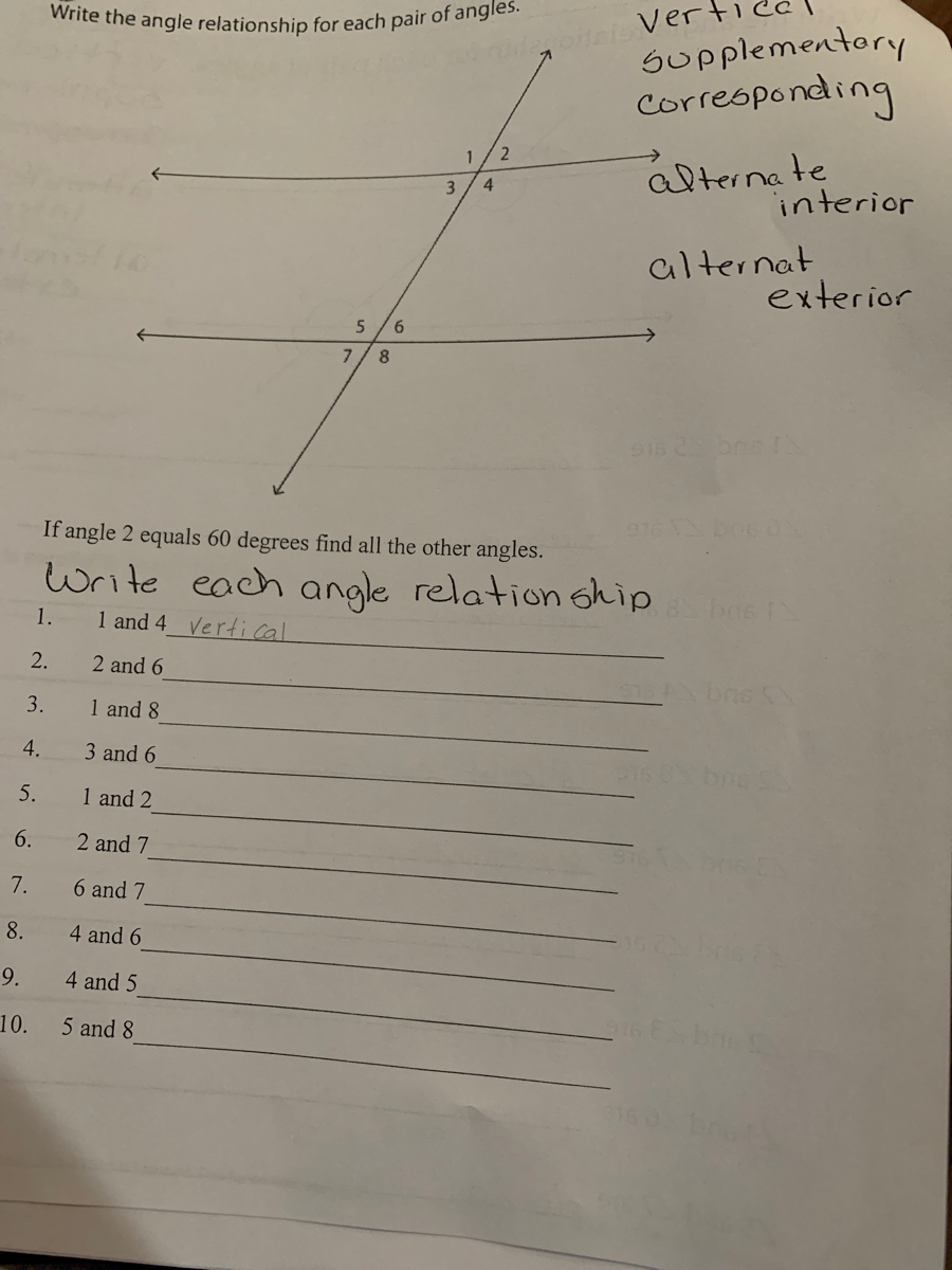 write the angle relationship for each pair of angles write the angle relationship for each pair of angles