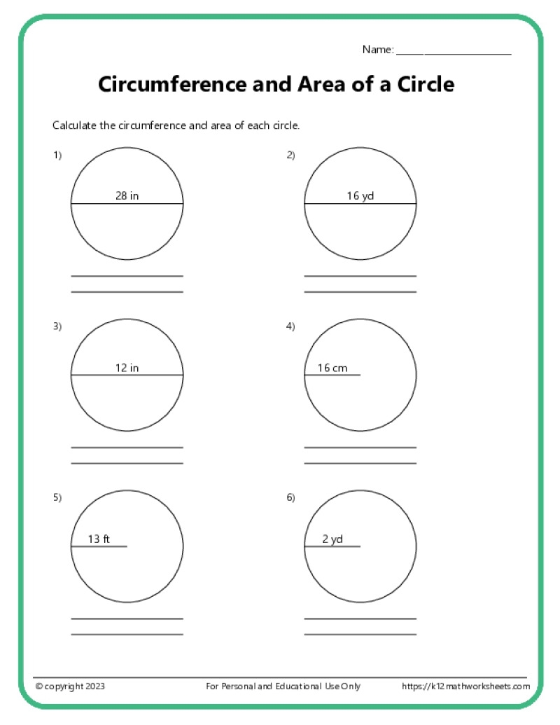 Area And Circumference Of Circles K12 Math Worksheets