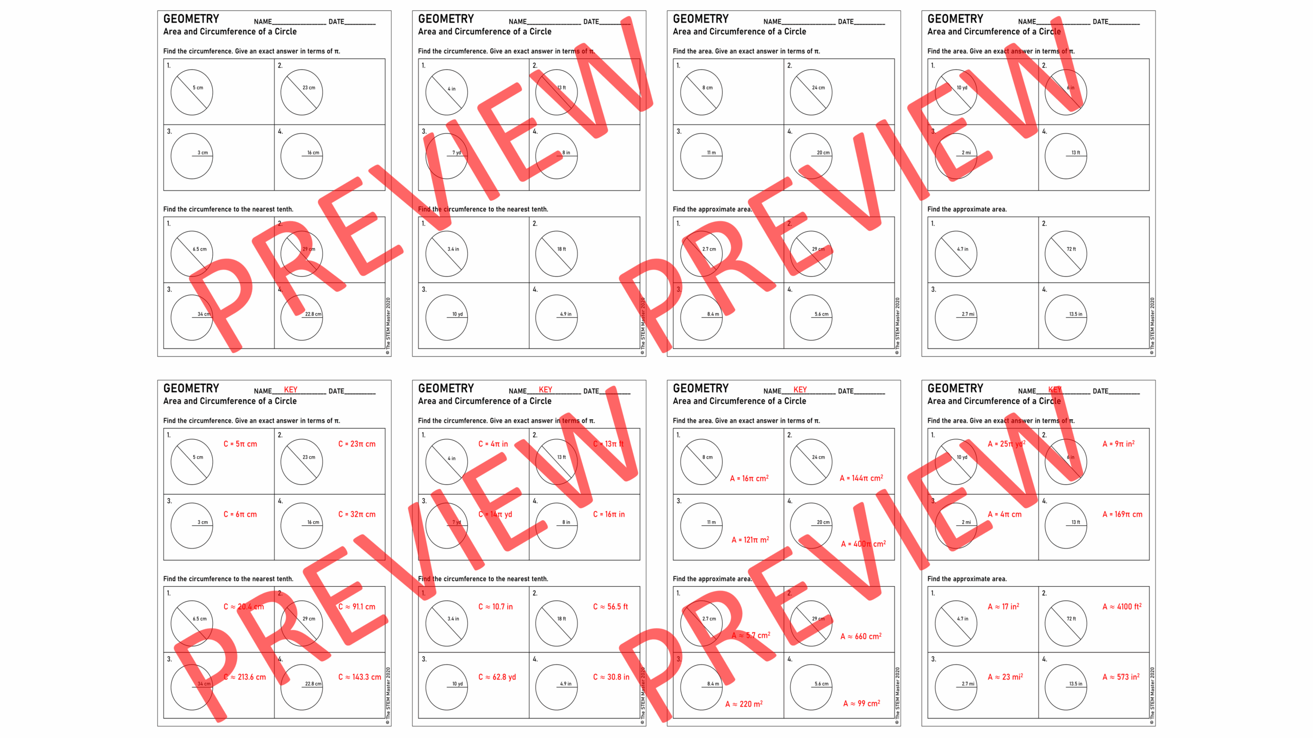 area and circumference of a circle worksheet