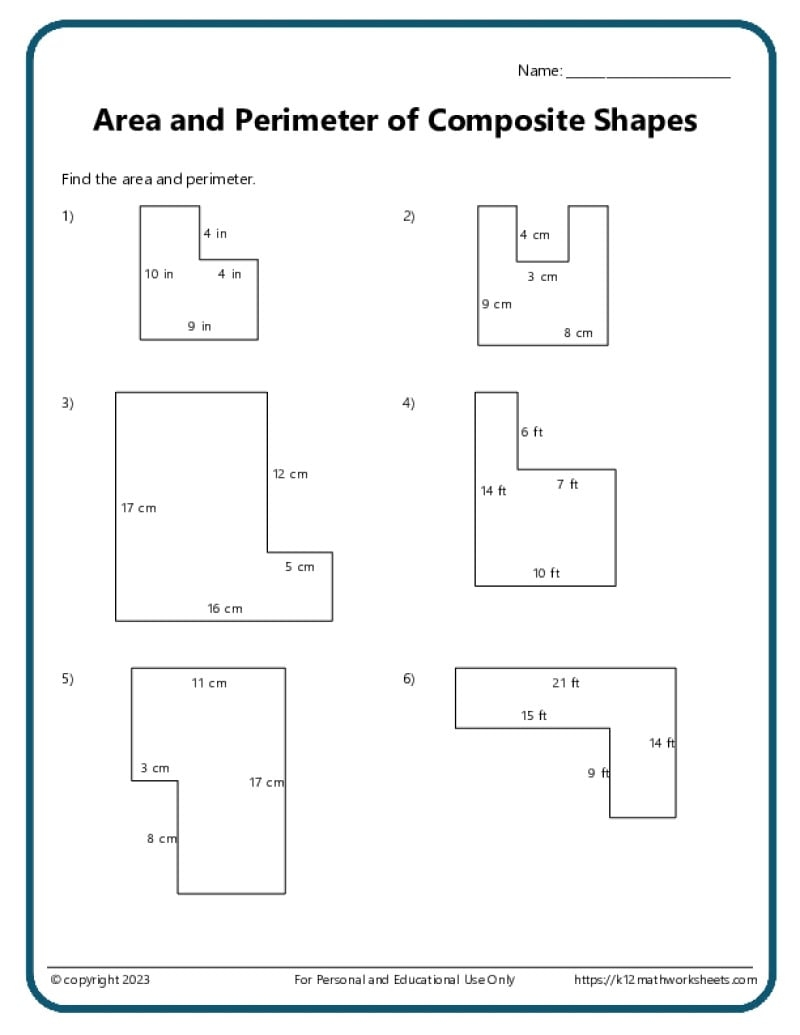 Area And Perimeter Of Composite Shapes K12 Math Worksheets