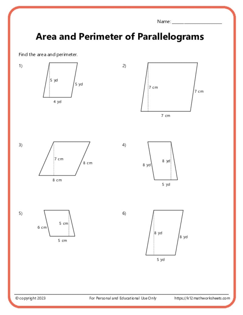 Area And Perimeter Of Parallelograms K12 Math Worksheets