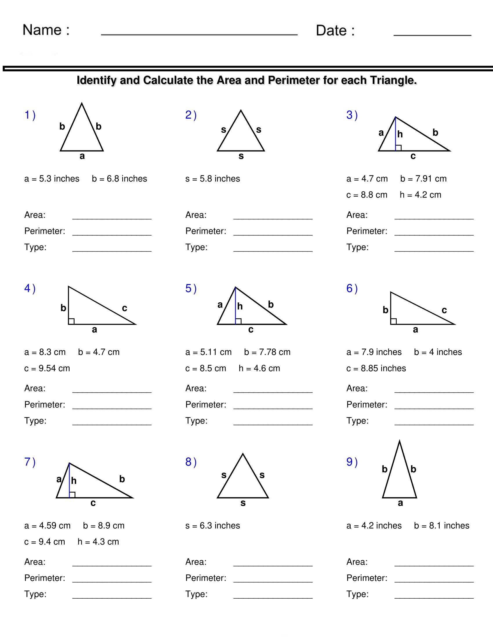 area of triangles worksheet