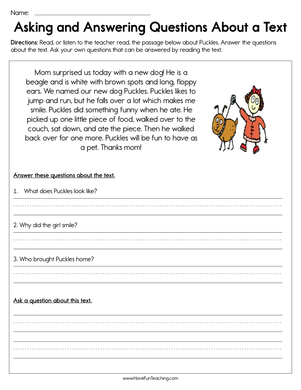 Asking And Answering Questions About A Text Worksheet Have Fun Teaching