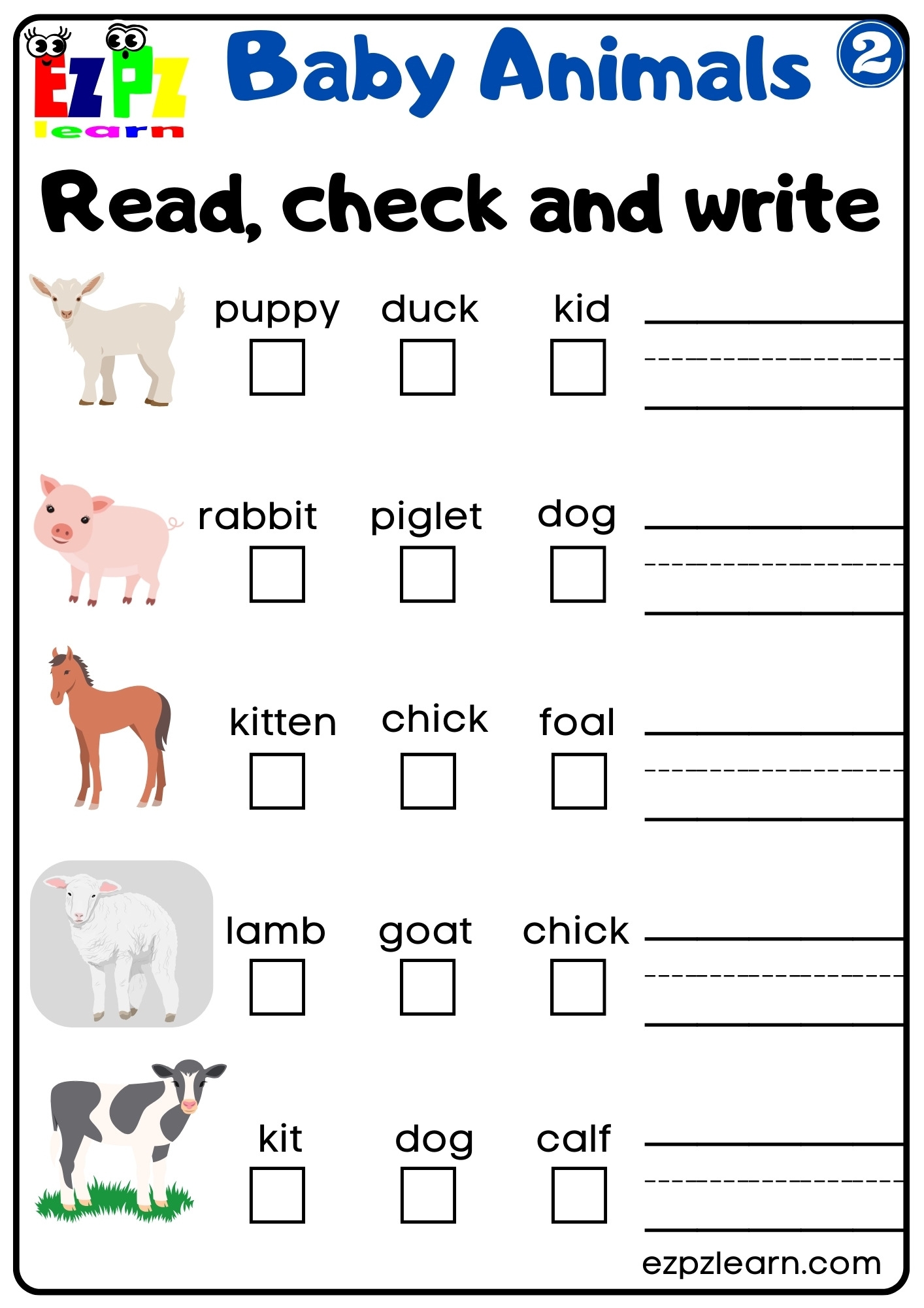 Baby Animals Vocabulary Read Check And Write The Words Activity For English Language Learners Preschool And Kindergarten Students Free Download 2 Ezpzlearn