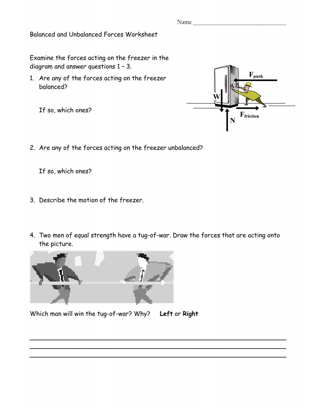 Balanced And Unbalanced Forces Worksheet