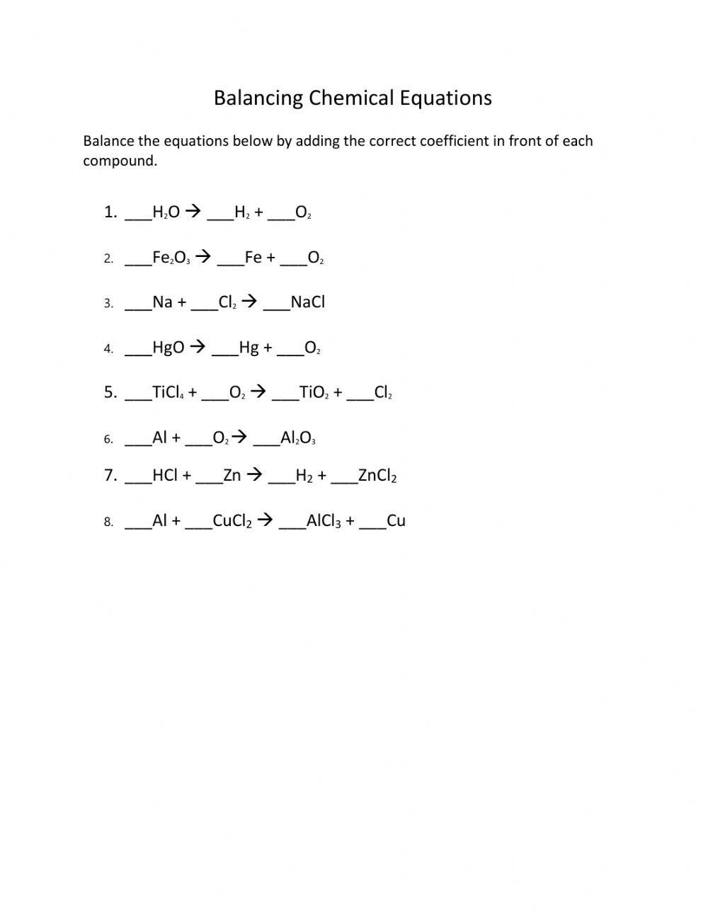 balancing equations worksheet chemistry