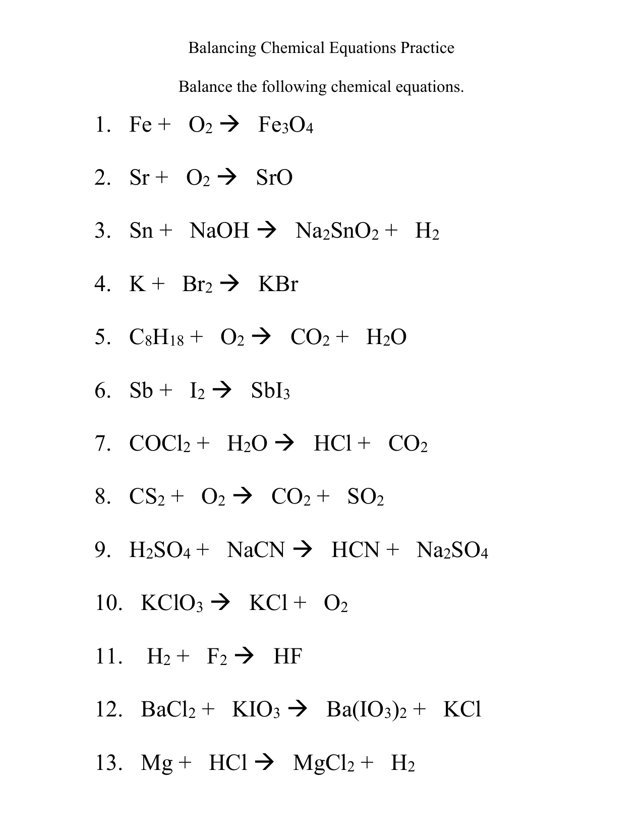 balancing equations chemistry worksheet