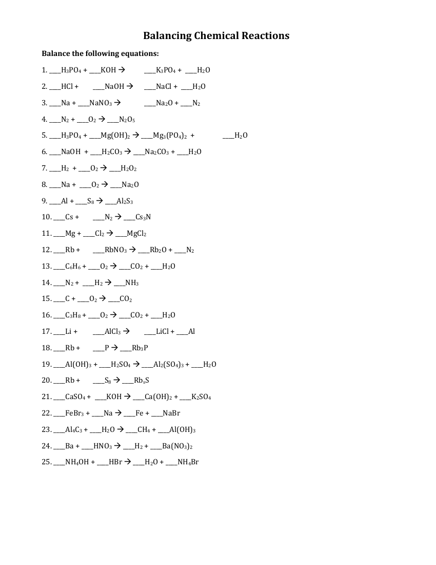 chemical equation balancing worksheet
