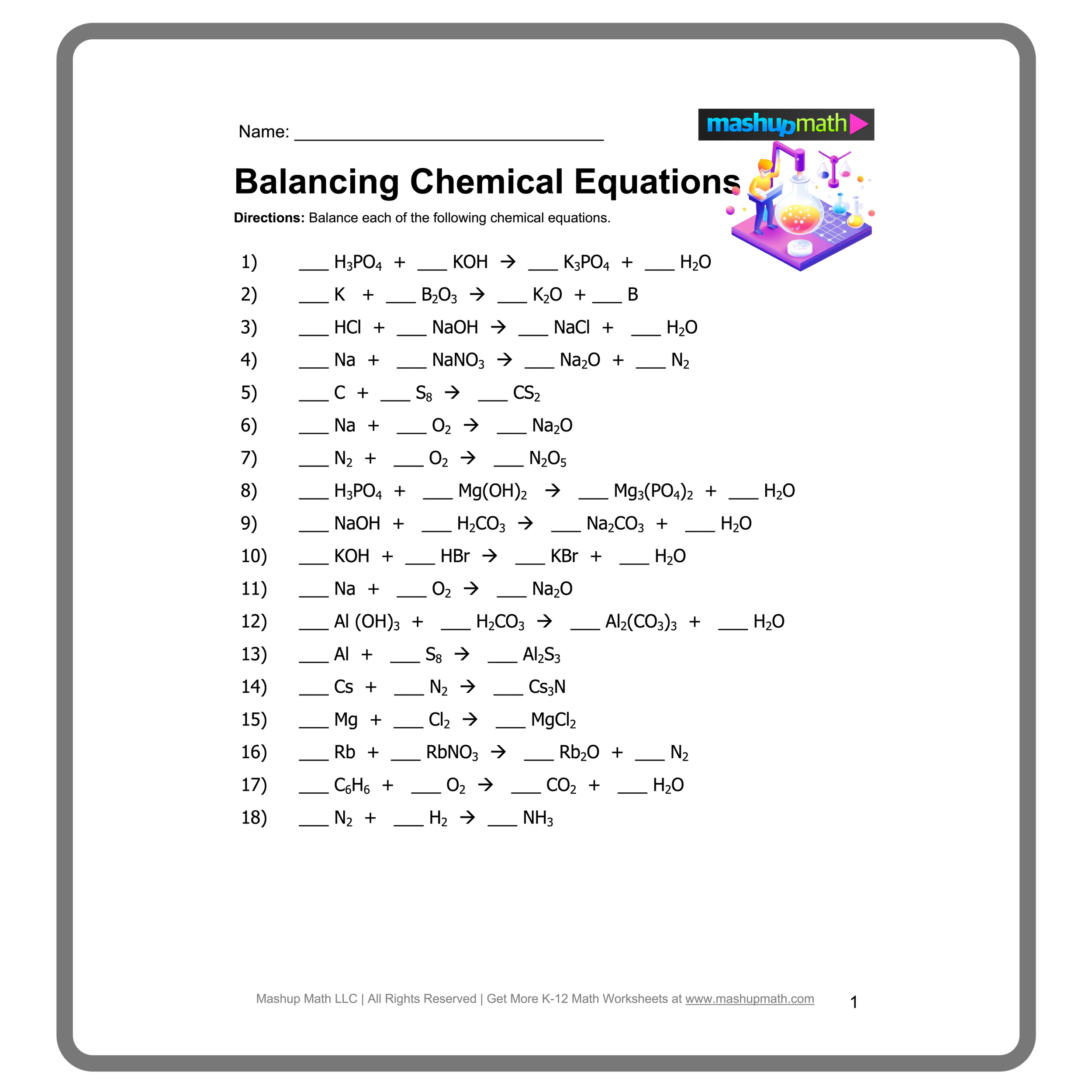 balance the chemical equation worksheet balance the chemical equation worksheet
