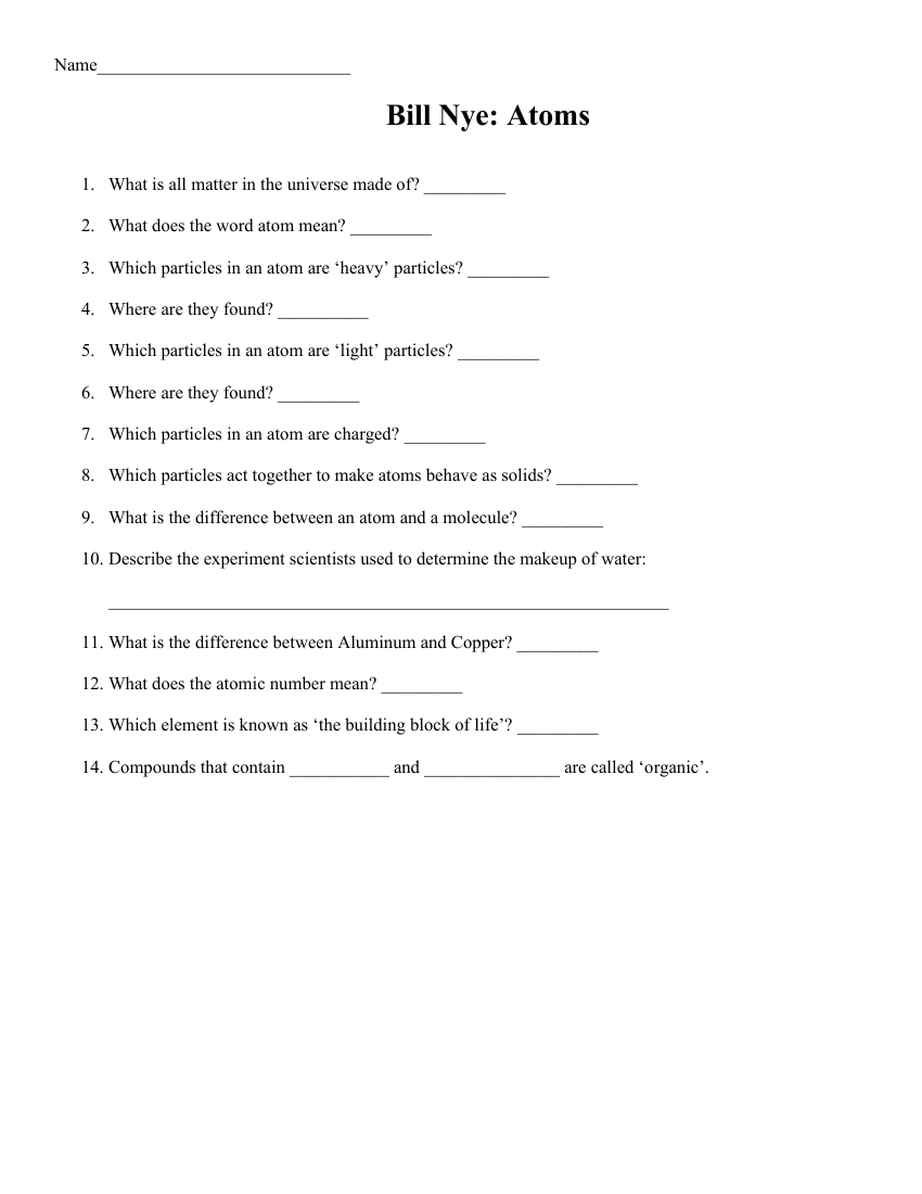 Bill Nye Atoms Worksheet Science 8th Grade Worksheets Library