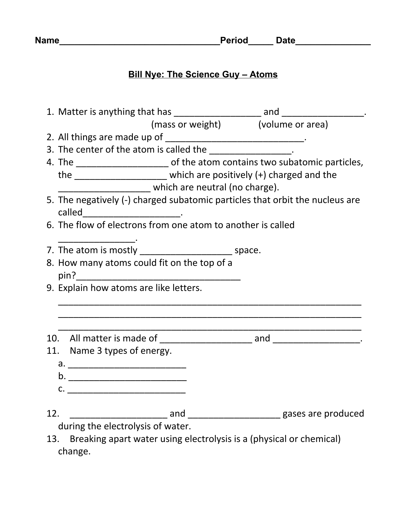 Bill Nye Atoms Worksheet Science Basics
