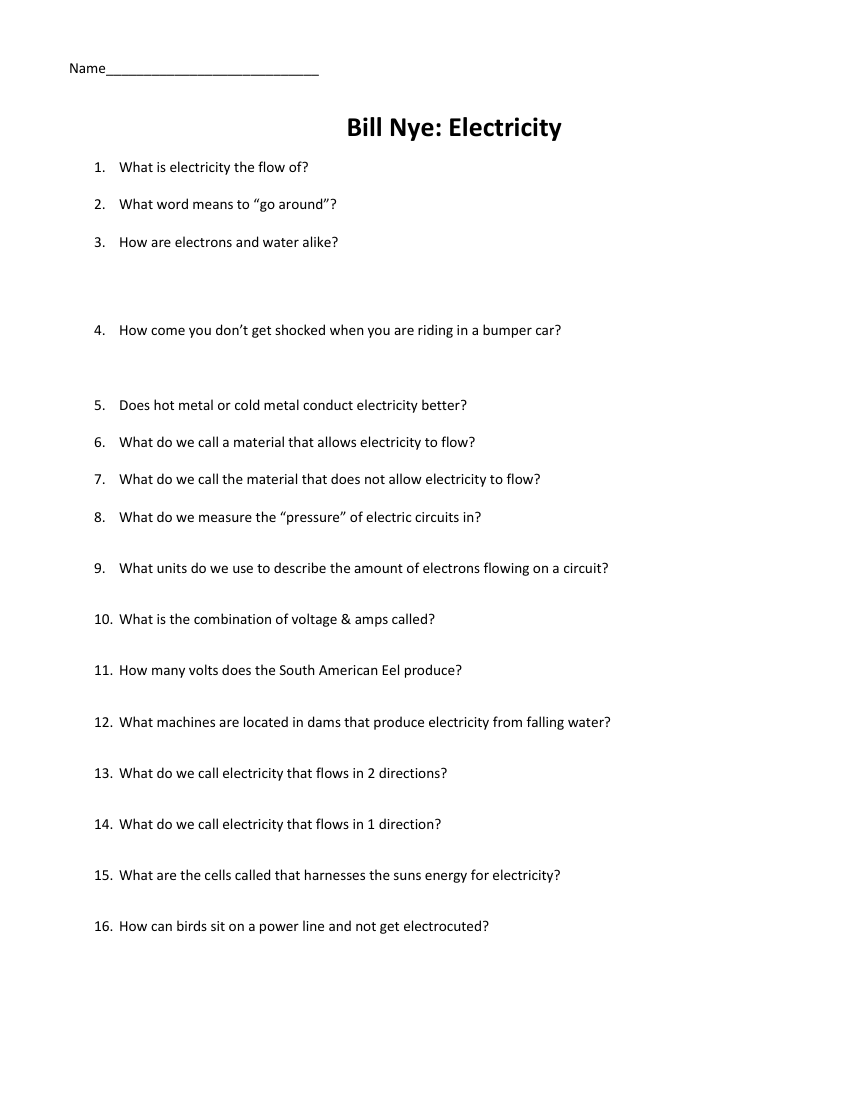 Bill Nye Electricity Worksheet With Answers Science 7th Grade Worksheets Library