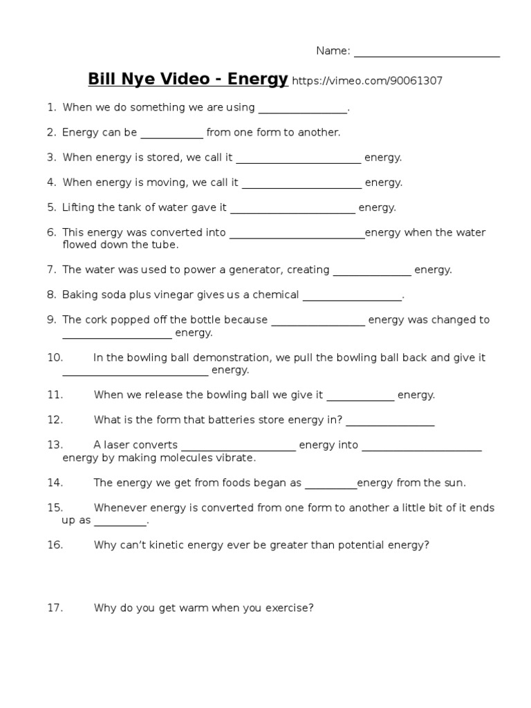 Bill Nye Energy Video Questions PDF Mechanics Physical Chemistry Worksheets Library