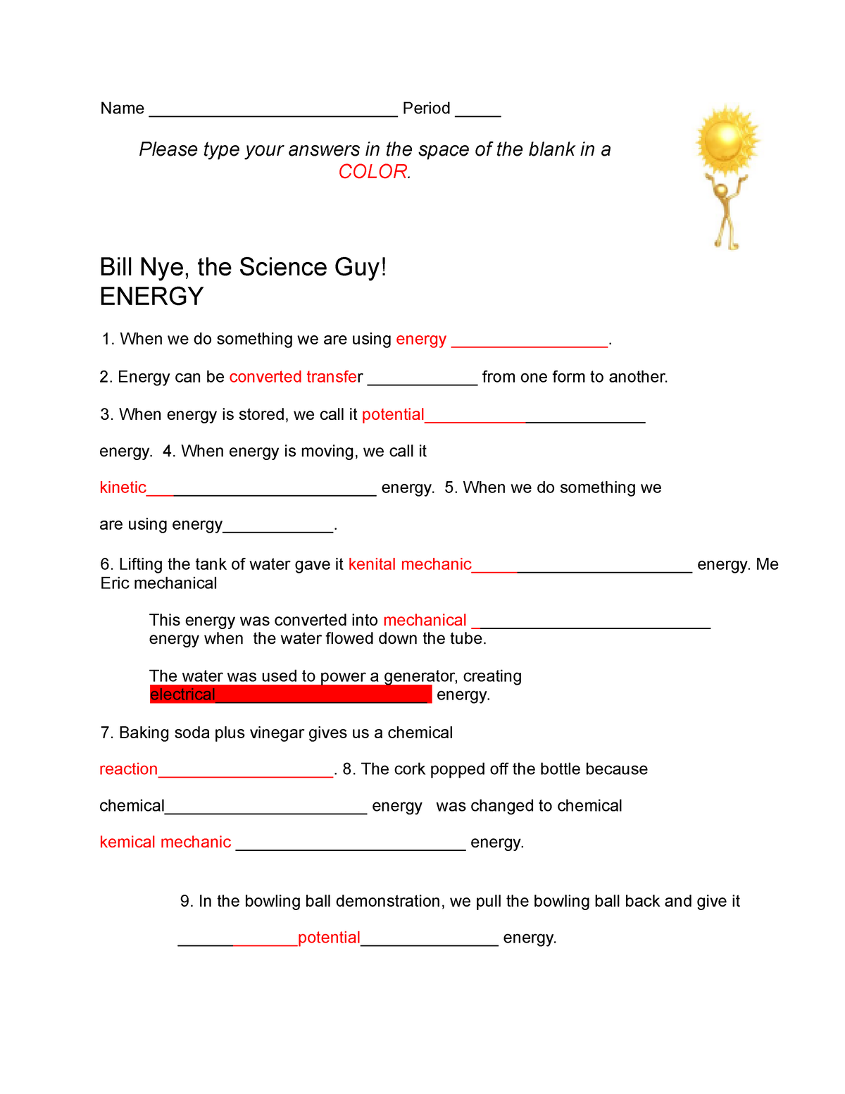 Bill Nye Energy Worksheet Student docx Name Period Please Worksheets Library