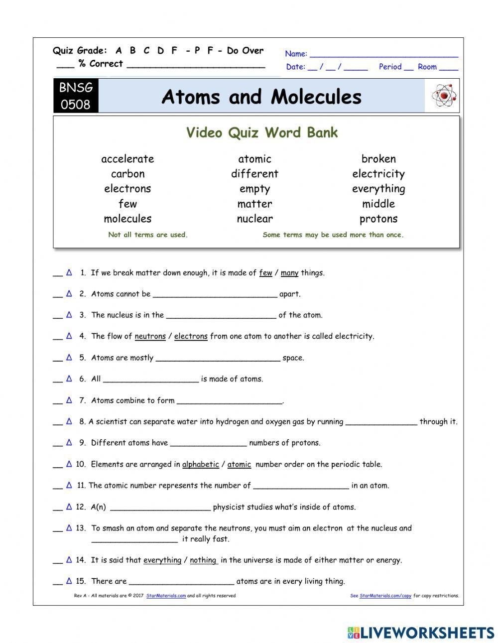 Bill Nye The Science Guy Atoms amp Molecules Quiz Worksheet Live Worksheets Library