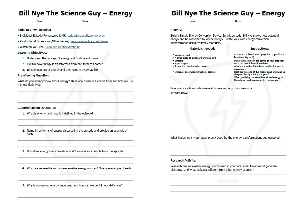 Bill Nye The Science Guy Energy 4K Worksheet Teaching Resources