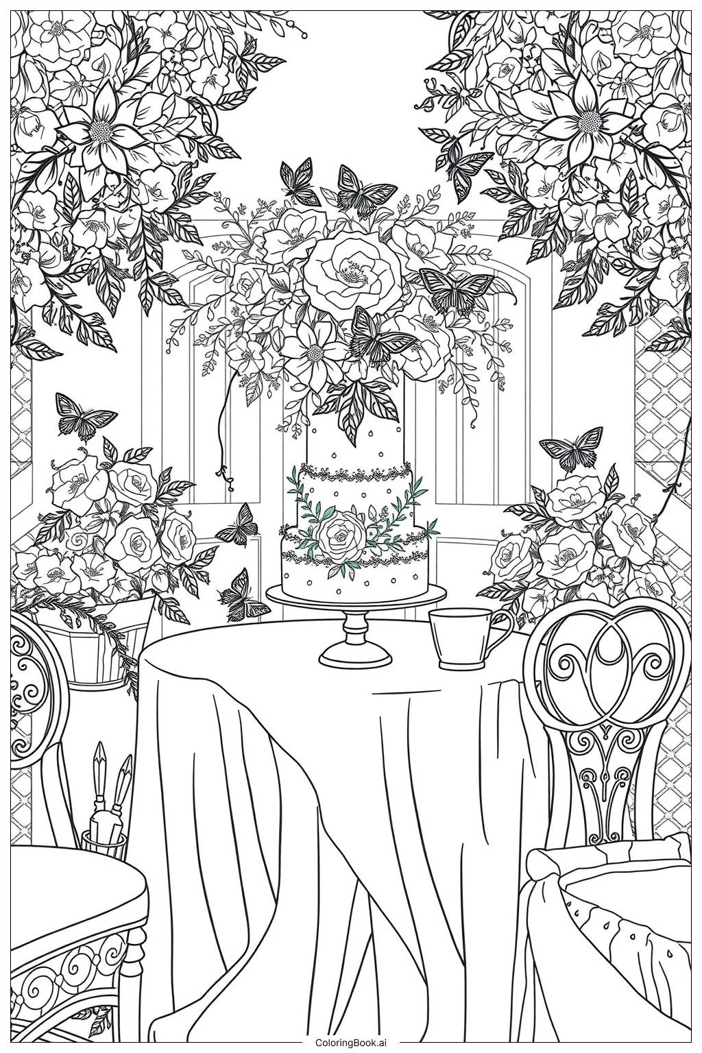 Birthday Cake Garden Party Coloring Page Free PDF PNG Printable 