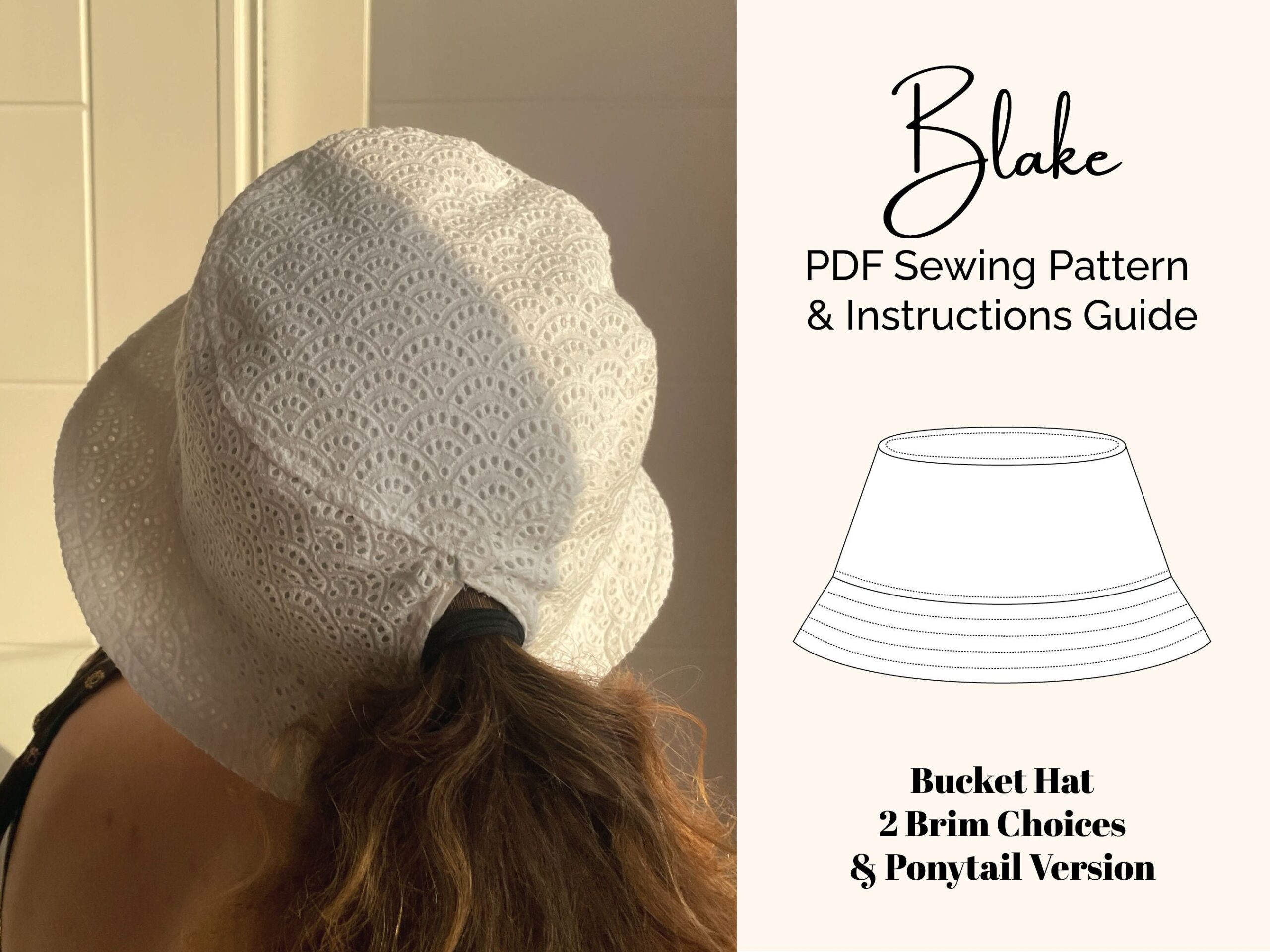 Blake Bucket Hat Pdf Sewing Pattern Ponytail Option 2 Brim Choices Fits 22 24 5 Digital Download 90s Bucket Hat Etsy