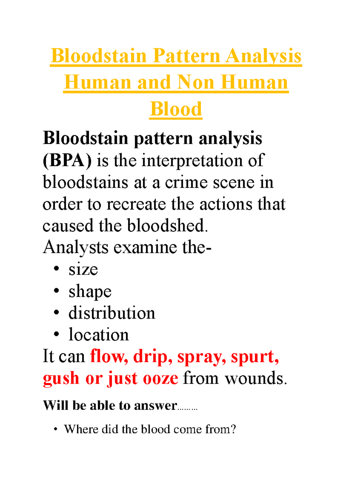 Bloodstain Pattern Analysis BPA Guide Types Interpretations Studocu
