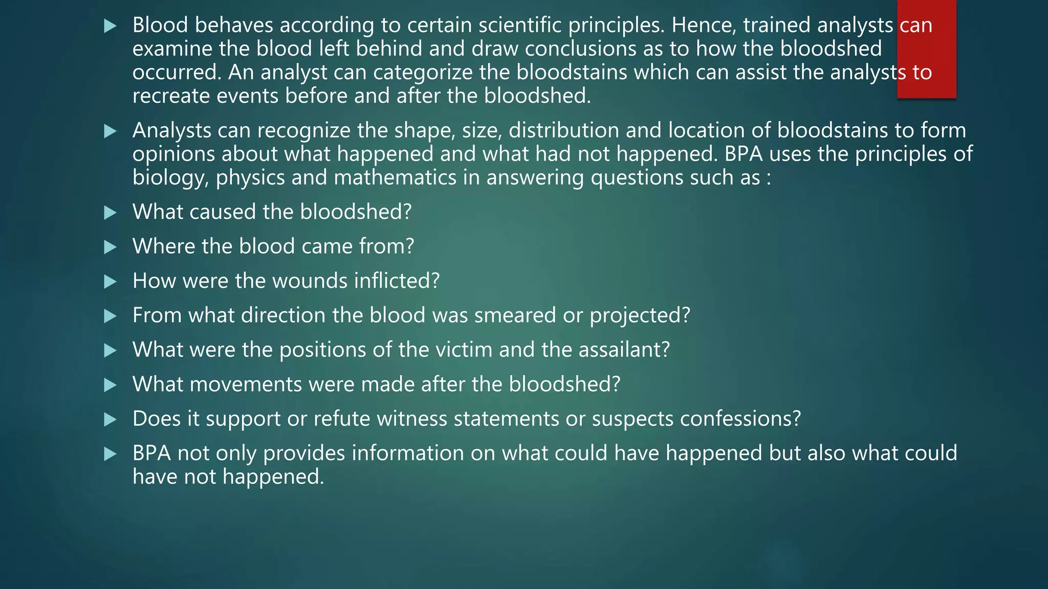 what does blood stain pattern analysis examine