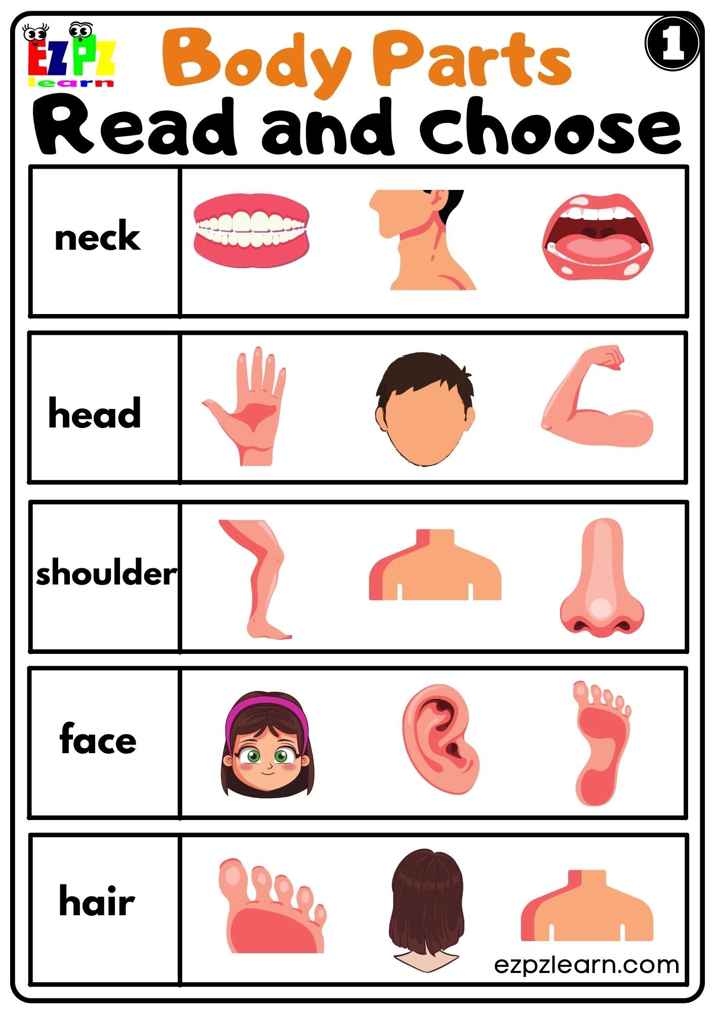 Body Parts Read And Choose Worksheets For Kids And ESL PDF Download Set 1 Ezpzlearn Body Parts Read And Choose Worksheets For Kids And ESL PDF Download Set 1 Ezpzlearn