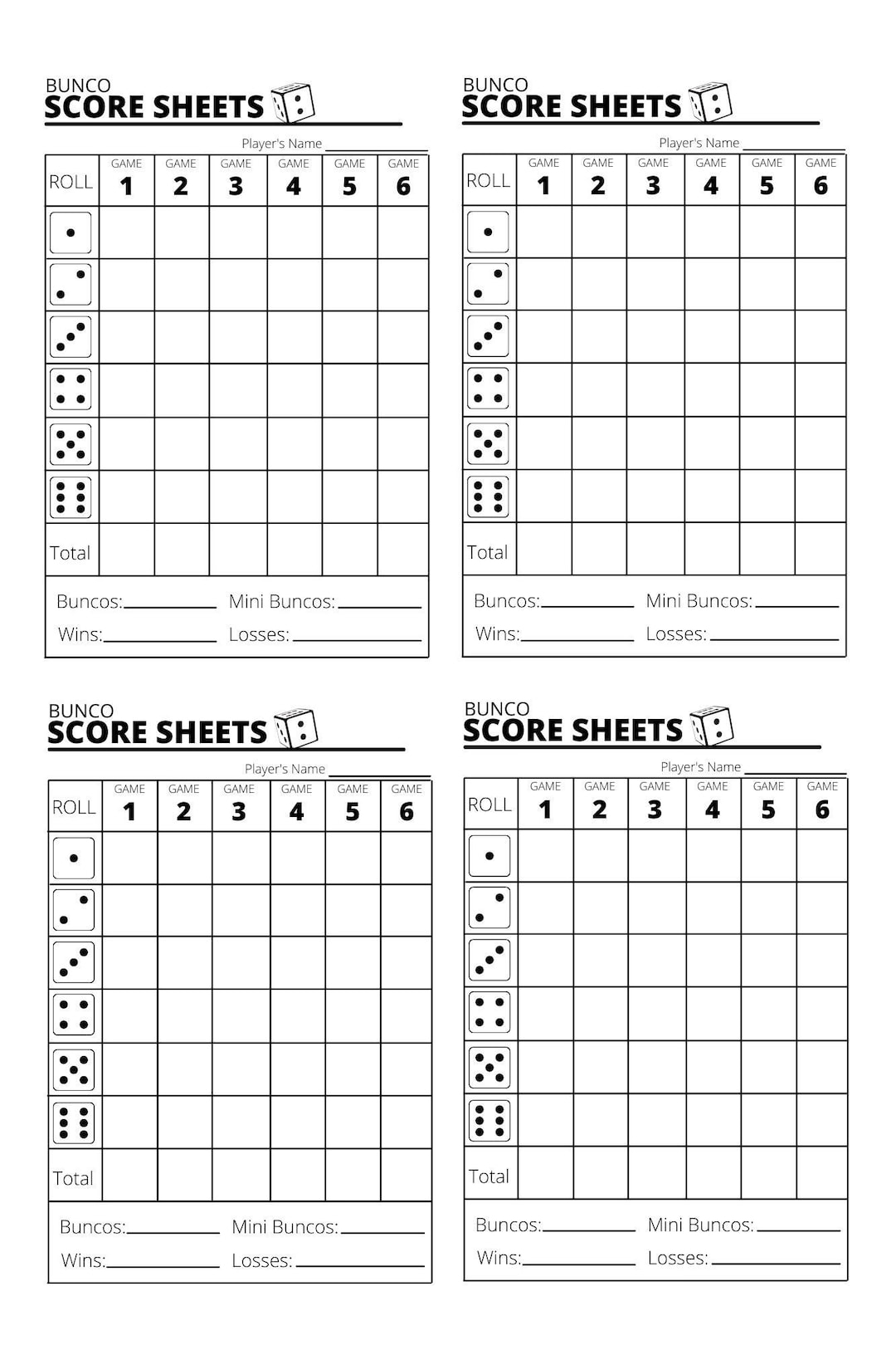 Bunco Score Sheets X4 Bunco Score Sheets Printable PDF Etsy Israel