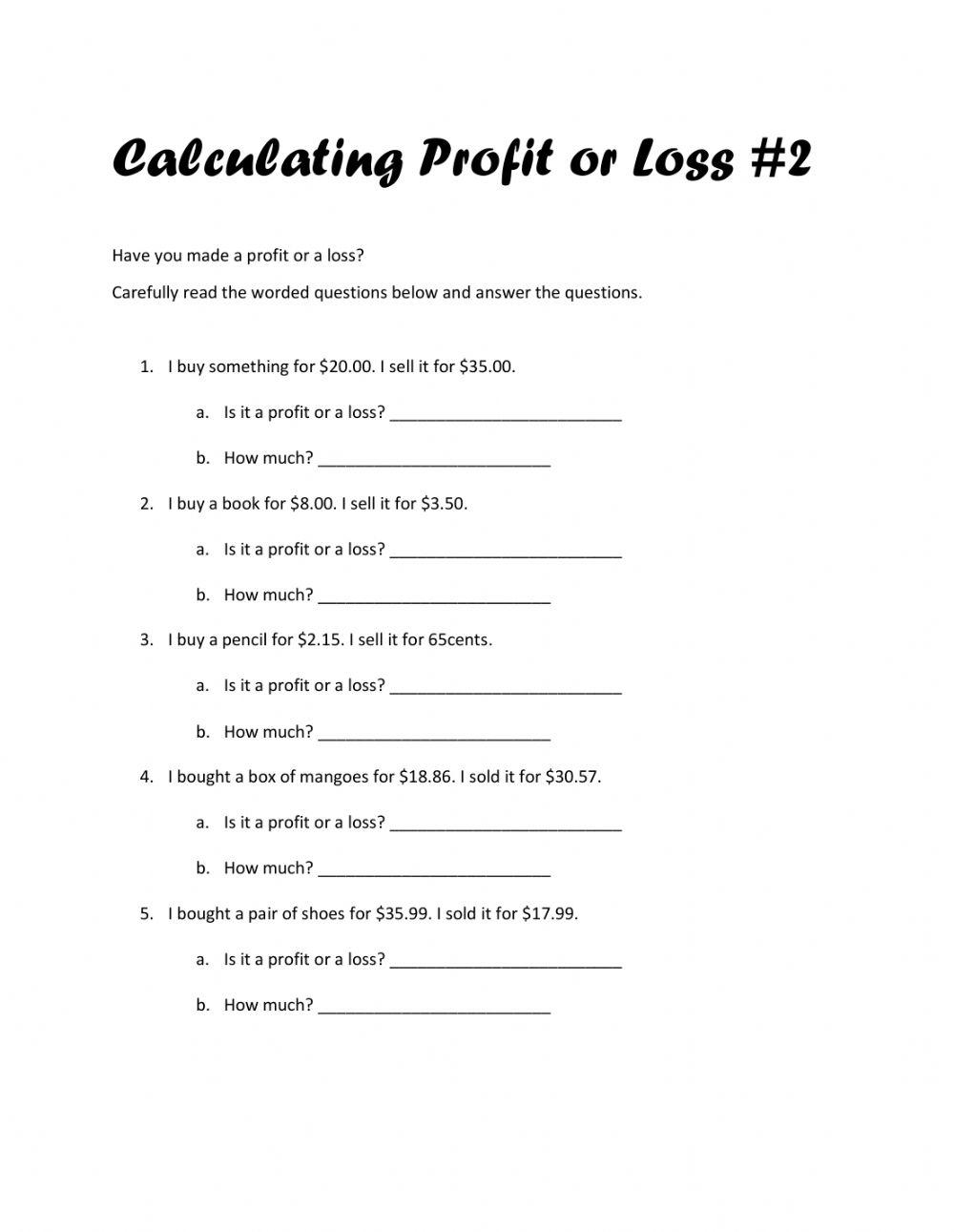 Calculating Profit And Loss 2 Worksheet Live Worksheets Worksheets Library