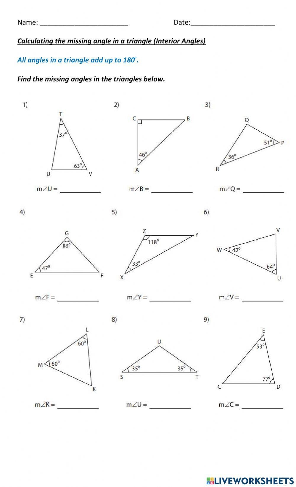 Calculating The Missing Angle In A Triangle Worksheet Live Worksheets Library