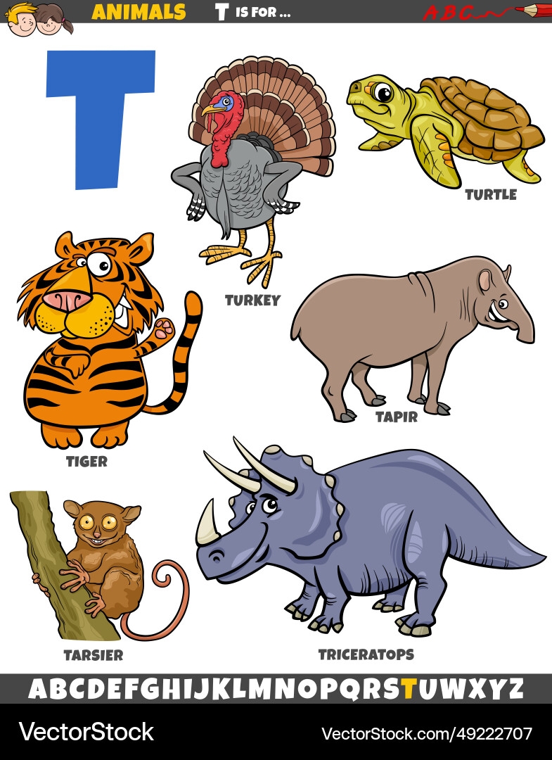 Cartoon Animal Characters For Letter T Royalty Free Vector