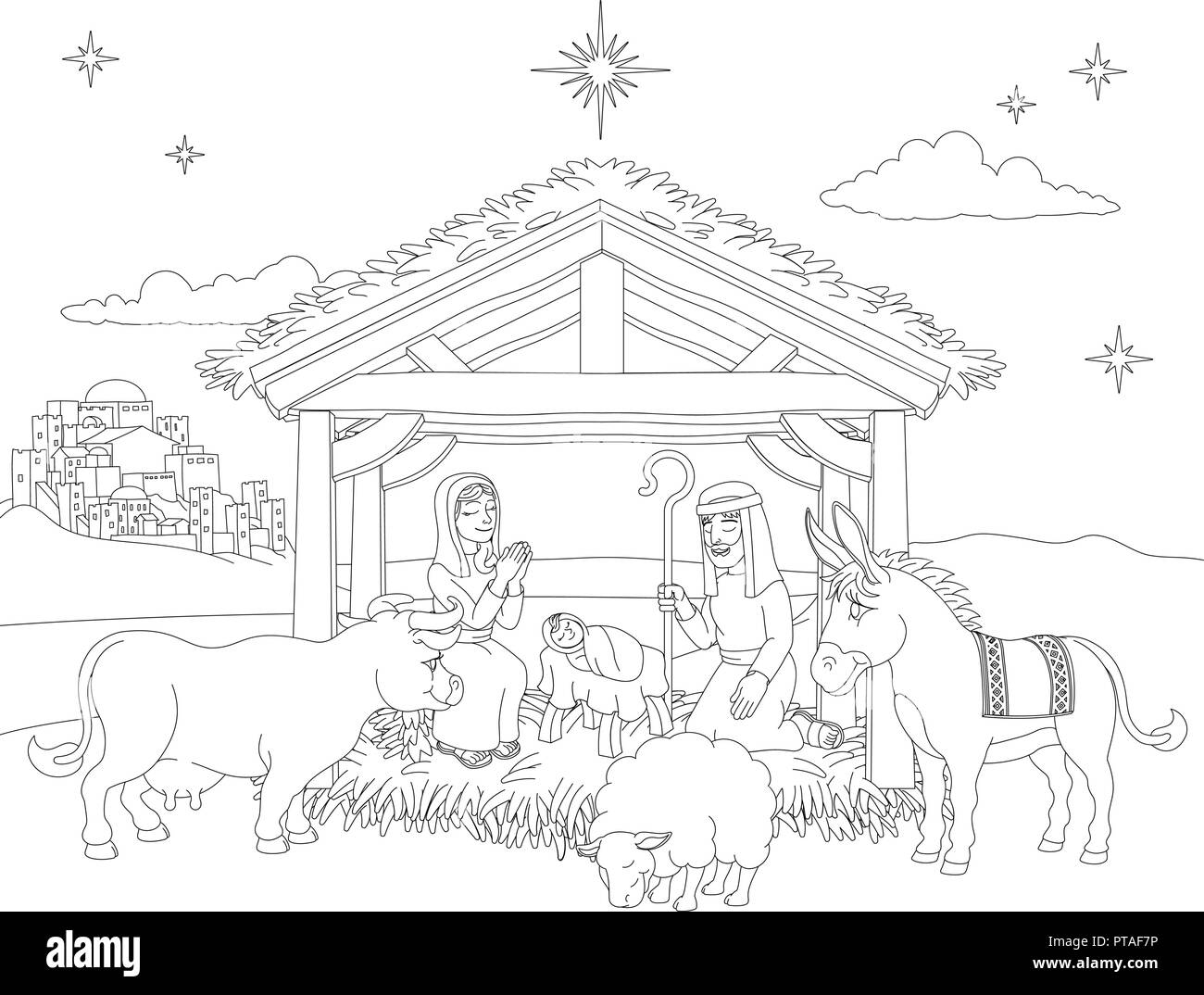 Cartoon Christmas Nativity Scene Coloring Stock Vector Image Art Alamy