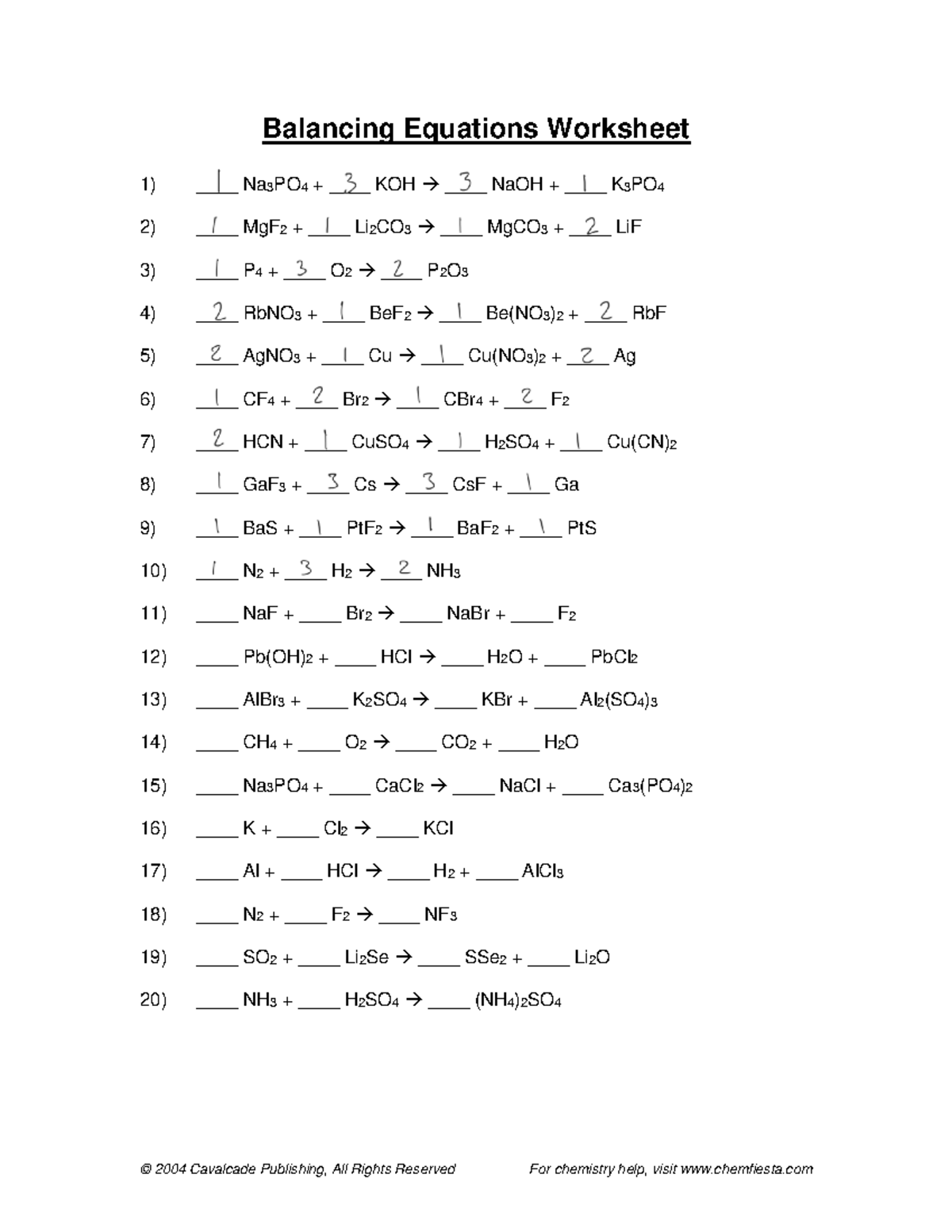 Chapter 7 Balancing Chemical Equations Worksheet With Solutions Studocu