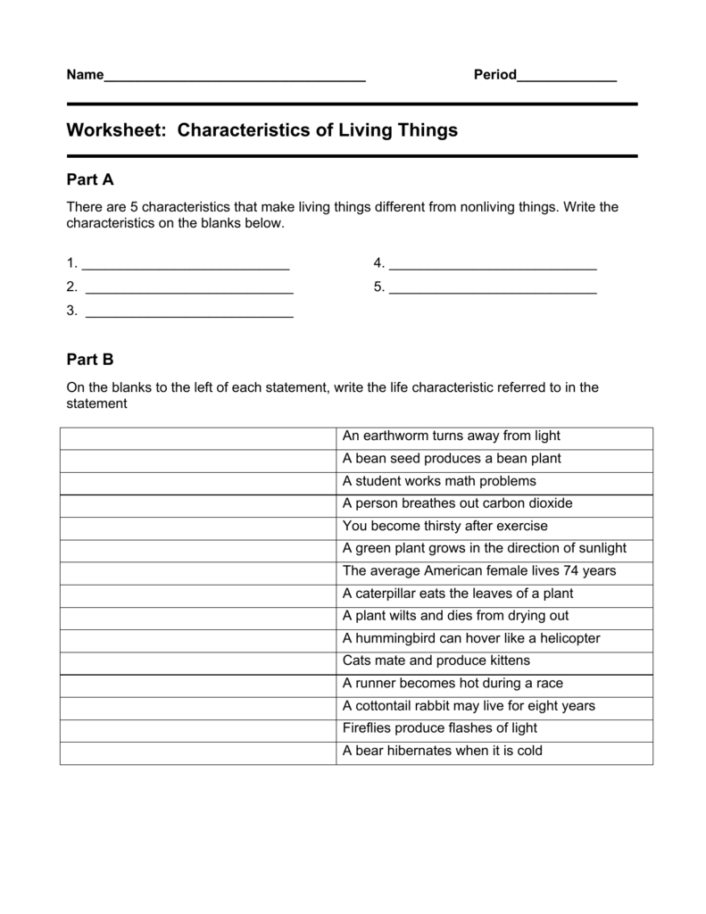 Characteristics Of Living Things Worksheet Characteristics Of Living Things Worksheet