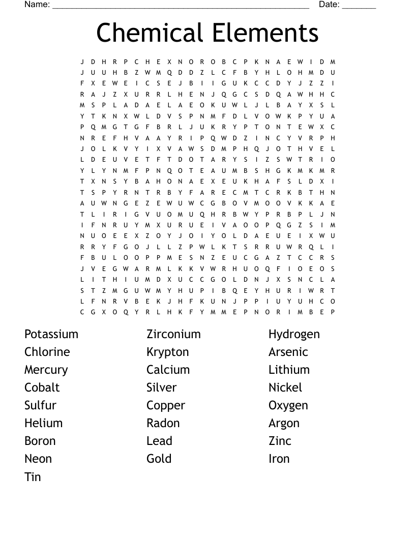 Chemical Elements Word Search WordMint