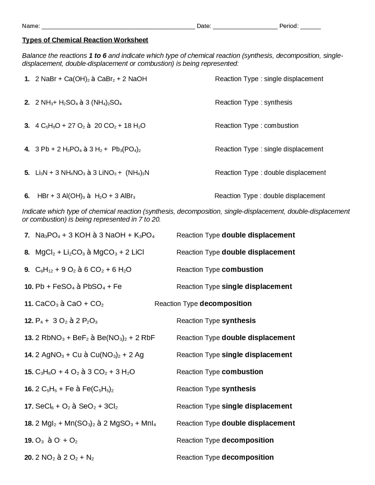 types of chemical reactions worksheet types of chemical reactions worksheet
