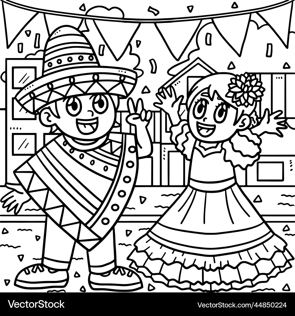 Children Celebrating Cinco De Mayo Coloring Page Vector Image Children Celebrating Cinco De Mayo Coloring Page Vector Image