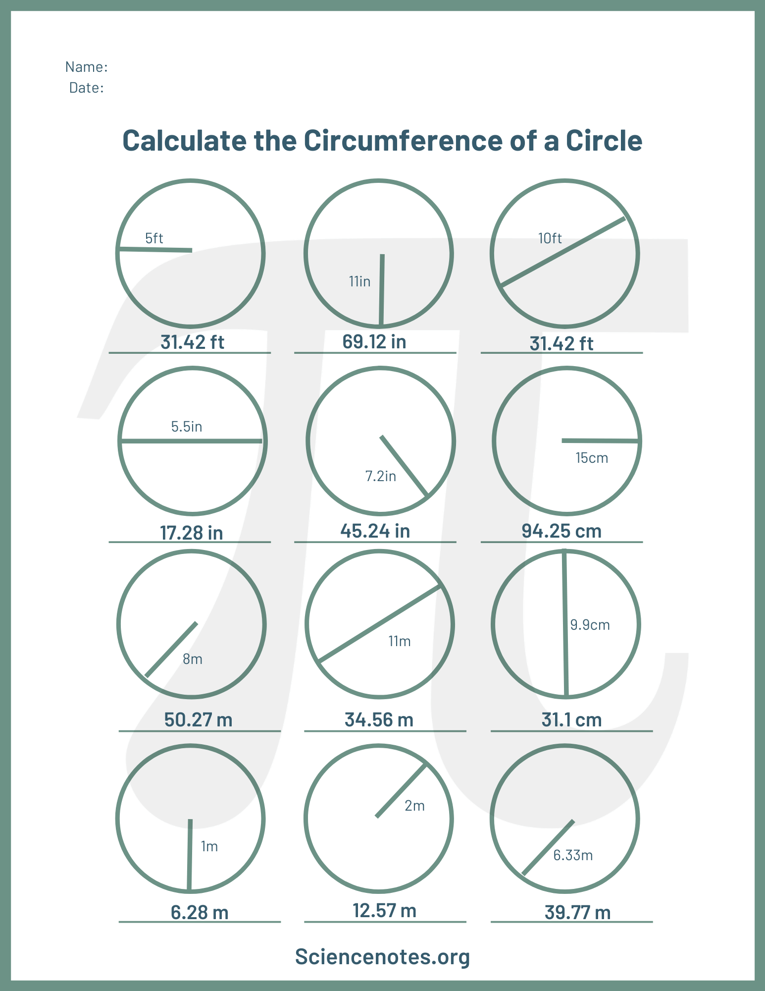 Circle Facts Area Circumference Diameter Radius Worksheets Library