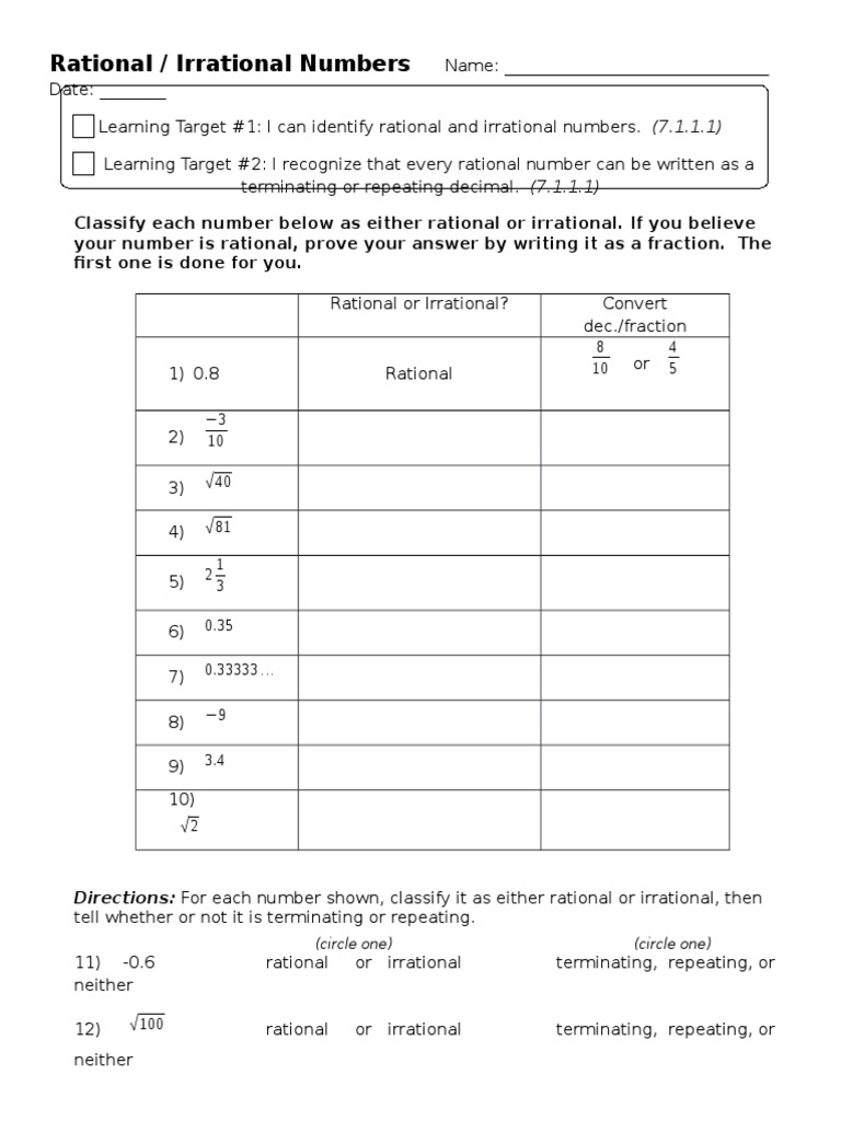 irrational numbers and rational numbers worksheets