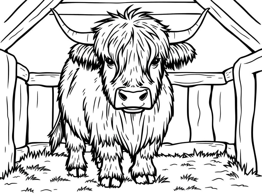 Coloring Page Highland Cow In Barn Free Printable Coloring Page