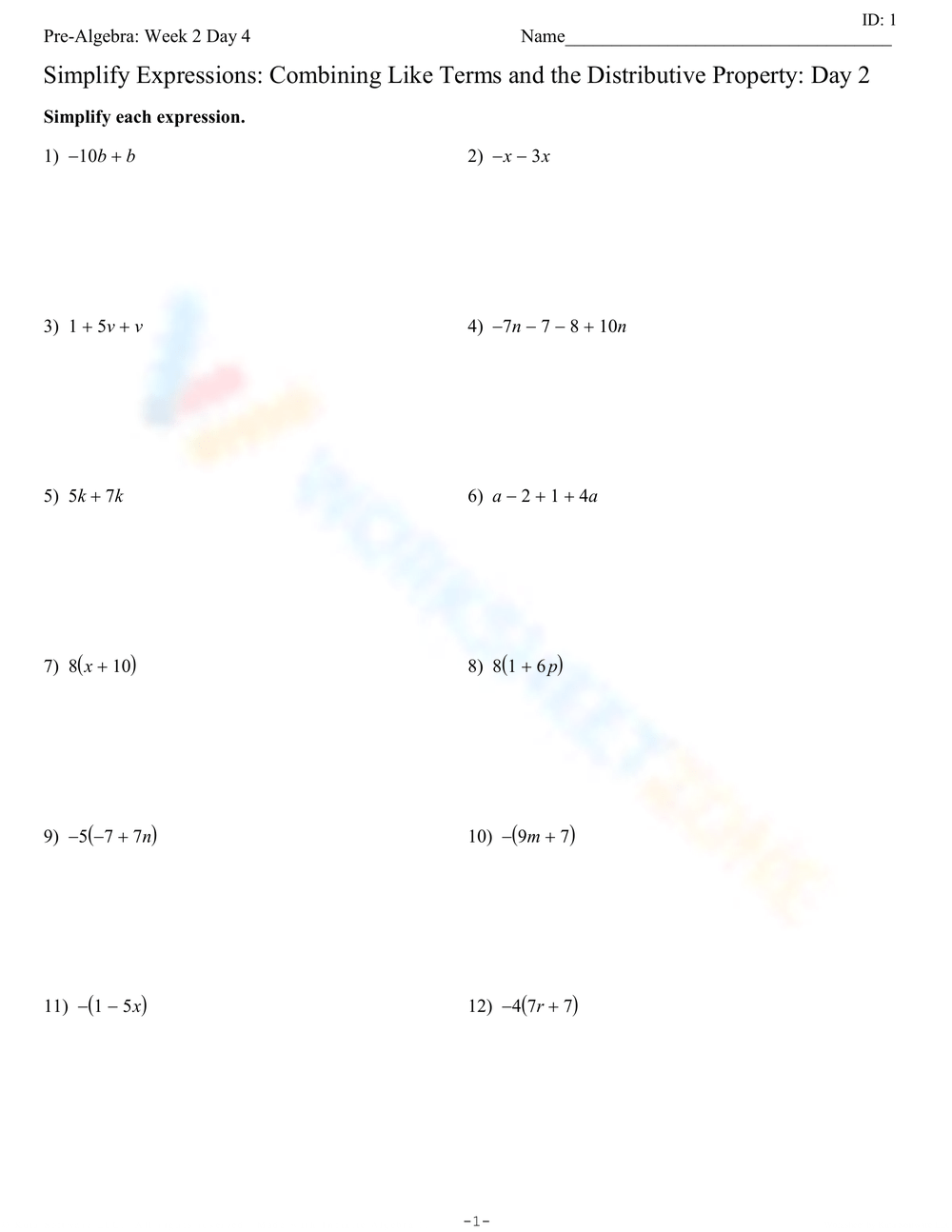 Combining Like Terms And The Distributive Property Worksheet Worksheets Library