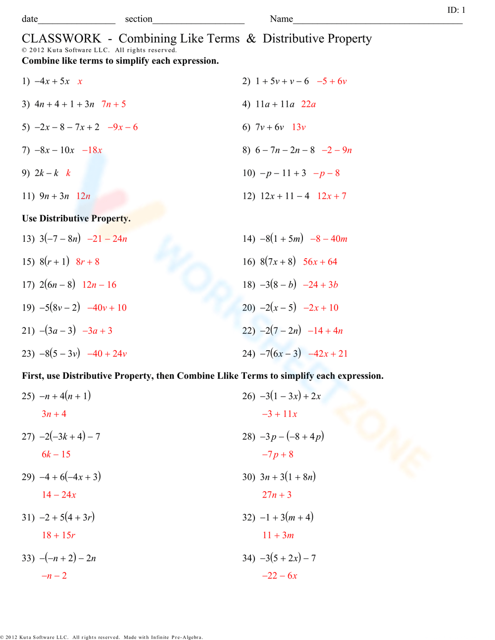 Combining Like Terms Distributive Property Worksheet Worksheets Library