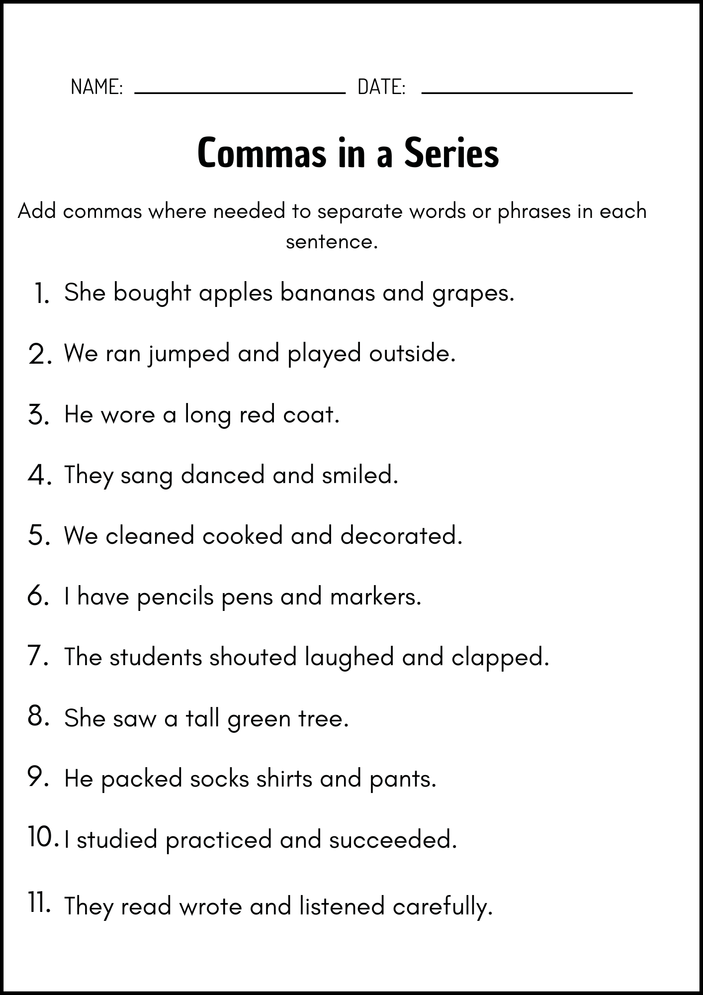 Commas In A Series Grammar Practice Worksheets Teaching Resources