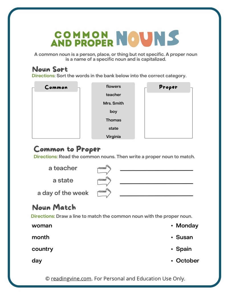 Common And Proper Nouns Worksheets Definitions And Examples ReadingVine