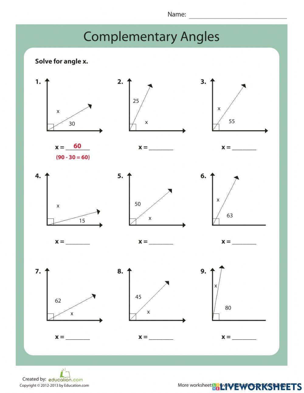 Complementary And Supplementary Angles Online Exercise For Live Worksheets Library