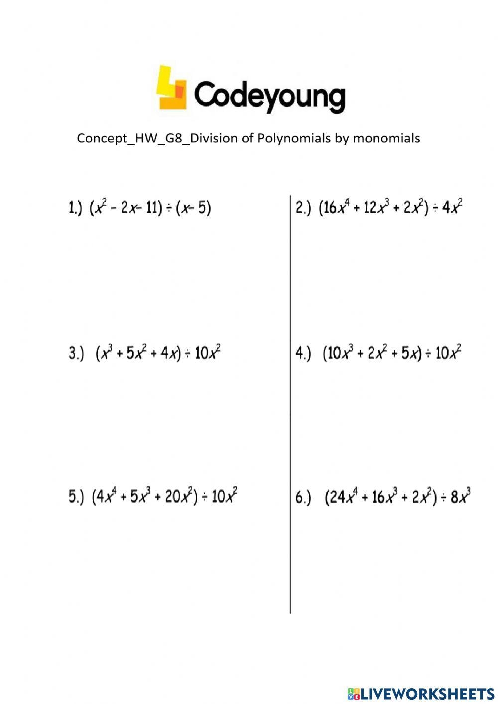 Concept HW G8 Division Of Polynomials By Monomials Worksheet Worksheets Library Concept HW G8 Division Of Polynomials By Monomials Worksheet Worksheets Library
