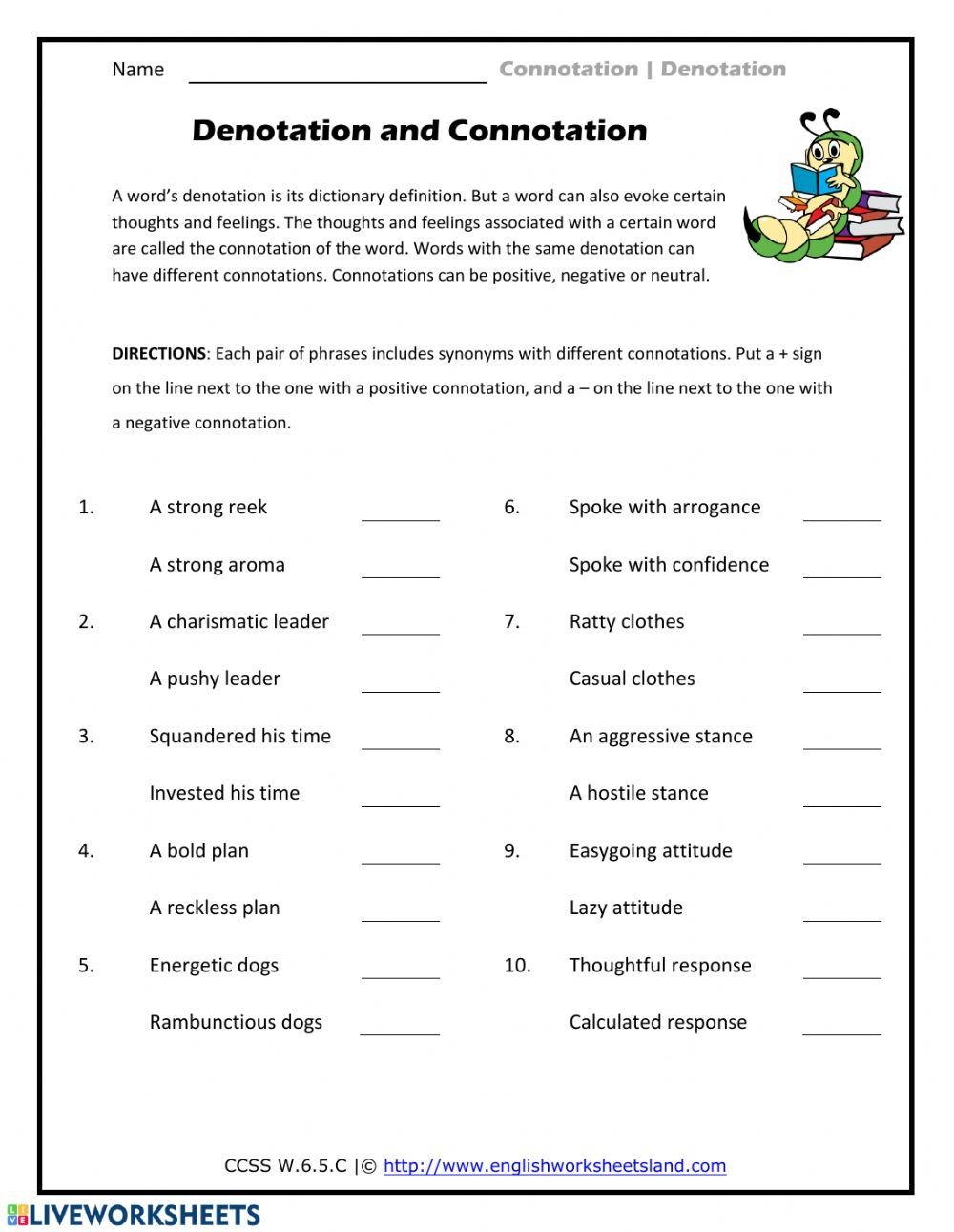 Connotation And Denotation Worksheet Live Worksheets Worksheets Library