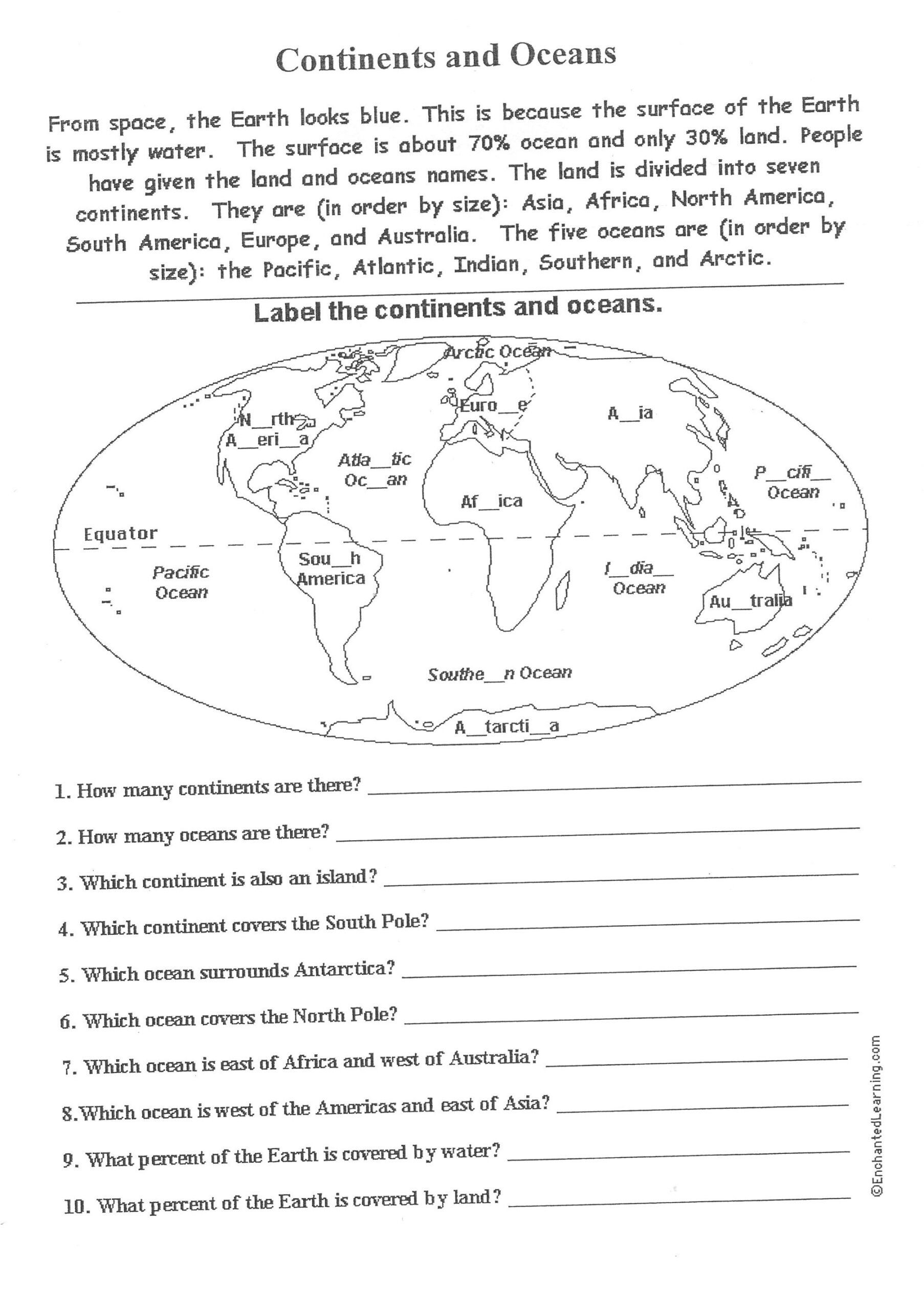 Continents And Oceans Worksheet Geography Worksheets Social Worksheets Library