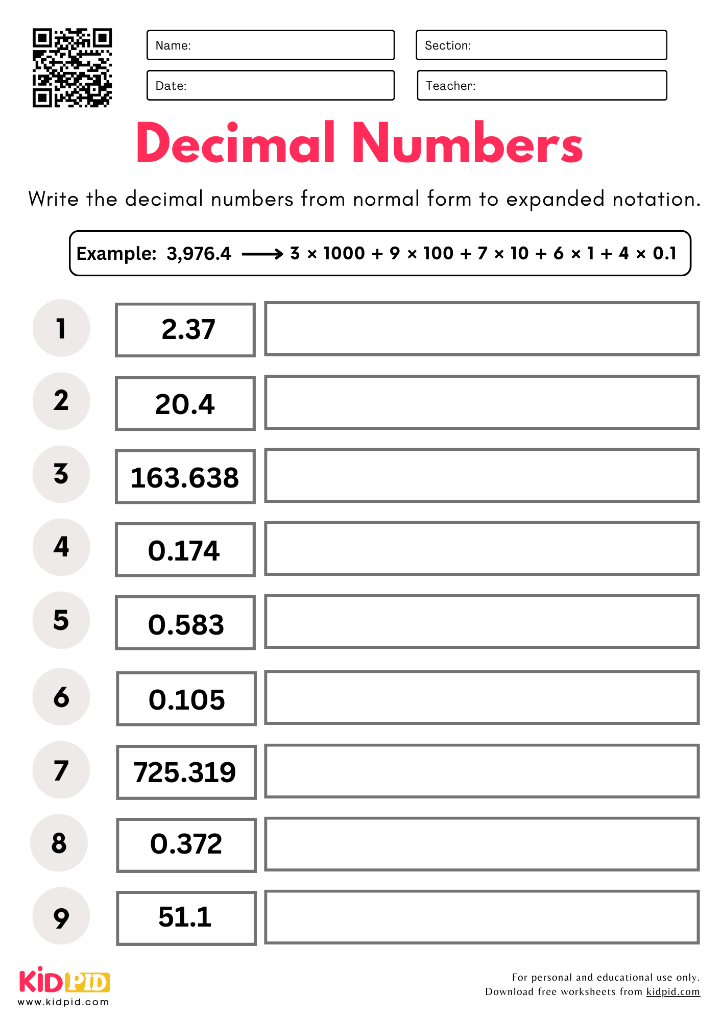 decimal place value worksheet