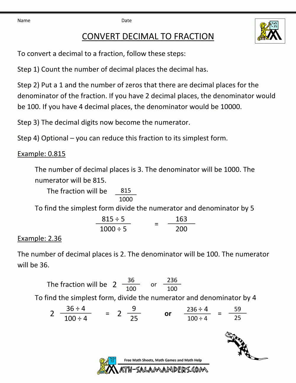 changing decimals to fractions worksheet changing decimals to fractions worksheet
