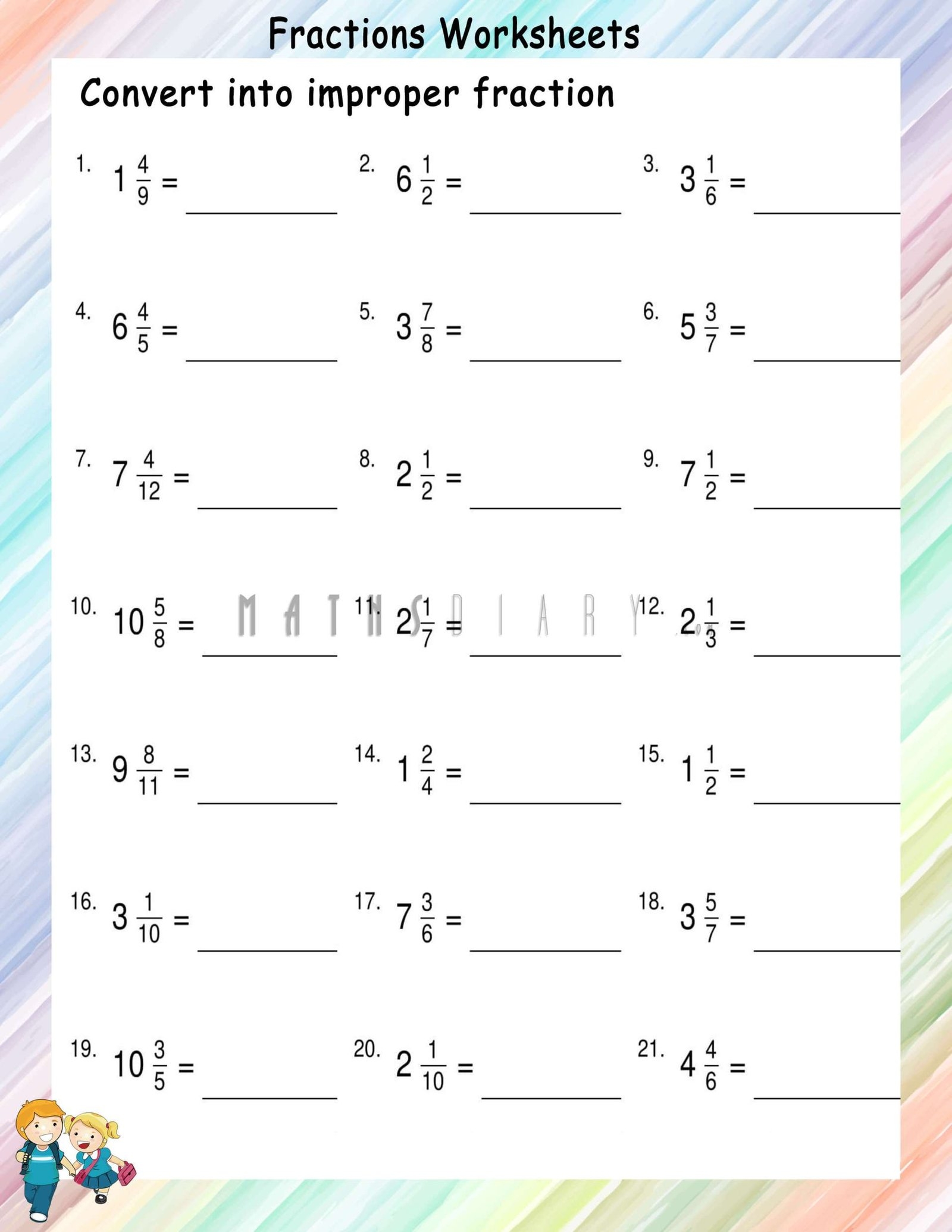 changing improper fractions to mixed numbers worksheet