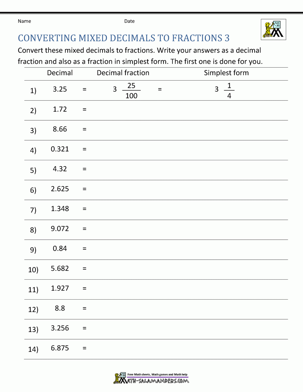 converting decimals to fractions worksheet converting decimals to fractions worksheet